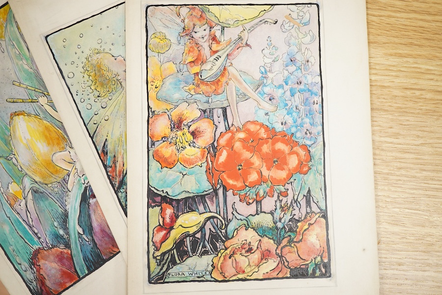 Flora White (Early 20th. C), Set of six original watercolours for childrens' postcard designs, Fairy Songs to include ‘Songs of falling leaves’ and ‘Song of early morning’, each inscribed in pencil, largest 27 x 19cm